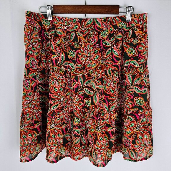 J. Crew Floral Boho Pink Green Print Skirt Large Tired Ruffle Knee Length Flowy - Picture 3 of 9